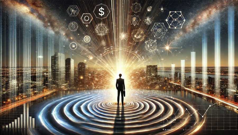 Law of Vibration visualised through rippling energy and business growth symbols in a corporate setting