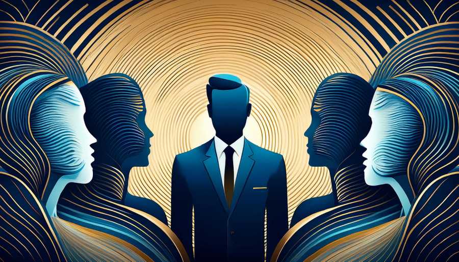 A symbolic depiction of the Law of Compensation in action, with a leader and team in harmony, showcasing the power of alignment, collaboration, and strategic value creation.