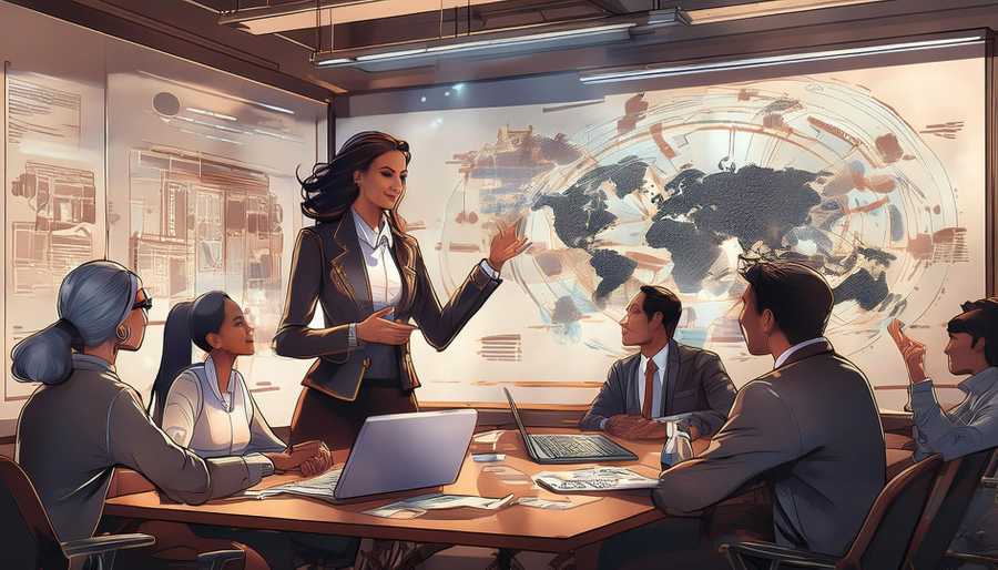 A confident leader speaking passionately to a diverse team in a modern workspace, representing leadership, collaboration, and taking action in the present.
