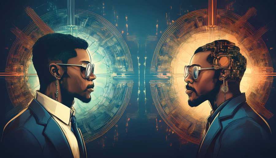 A conceptual illustration of the inversion process, showcasing two mirrored approaches—one focusing on overcoming challenges directly and the other emphasizing strategic avoidance of pitfalls.