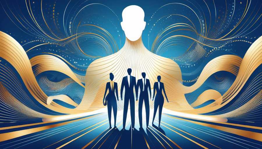 Abstract visual representation of the Law of Rhythm with flowing gold and blue waves, symbolising cycles and alignment in business, featuring a collaborative team embodying harmony and success.