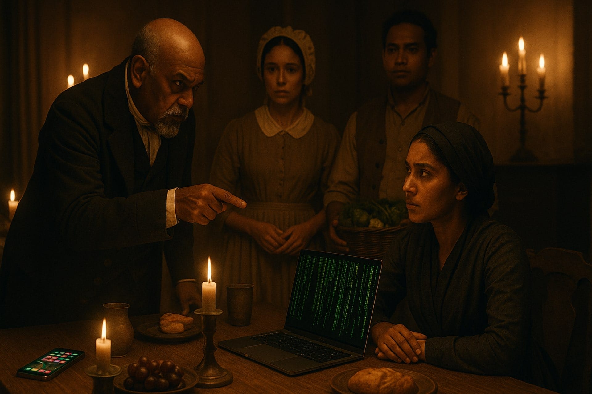 Conceptual image of an overseer scolding a worker in a candlelit plantation-style room with a modern laptop and smartphone on the table, symbolising offshore team management with modern tools.